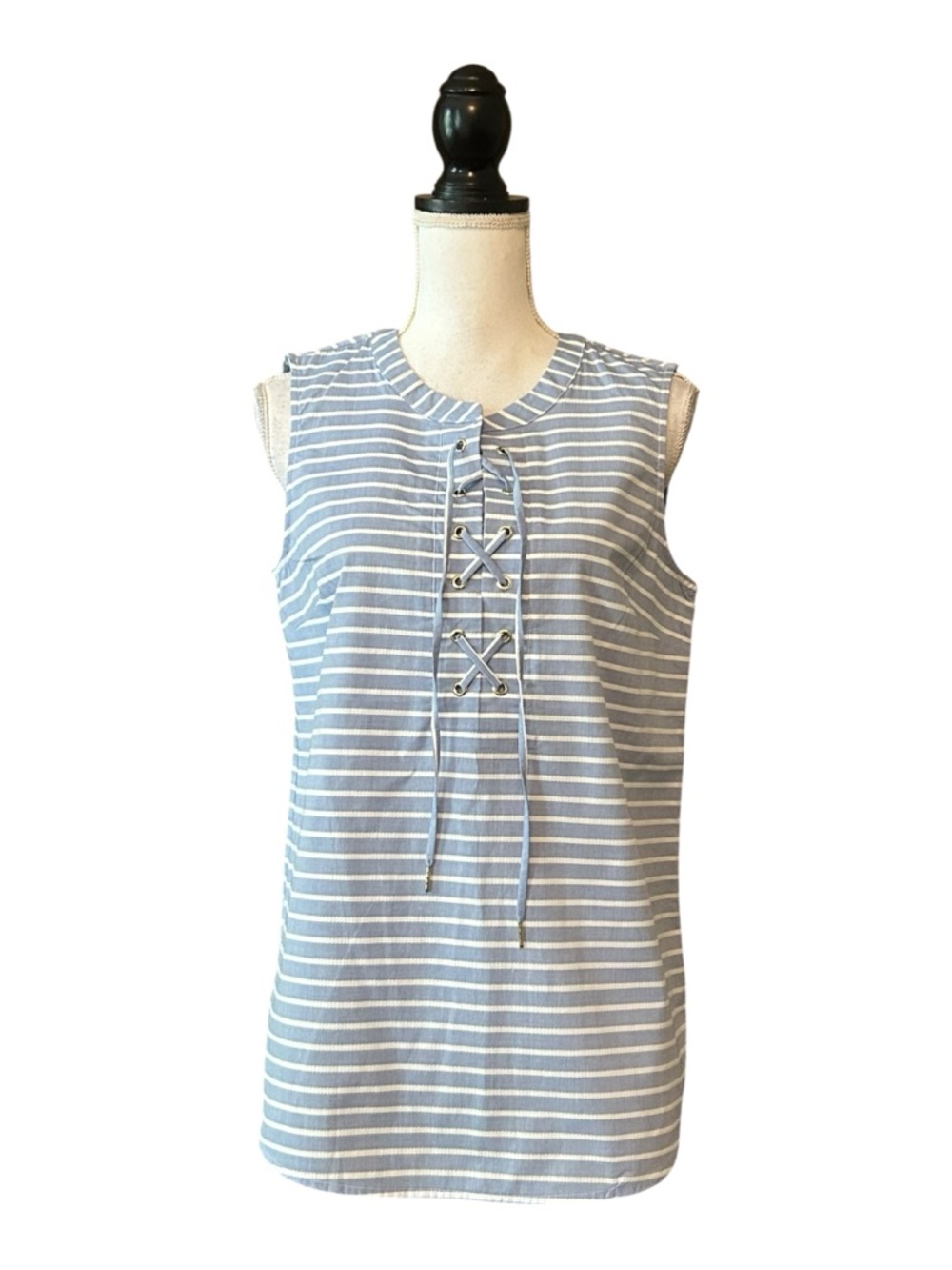 NWT Anne Klein Lace Up Sleeveless Cotton Blend Summer Top SZ S Blue White Stripe